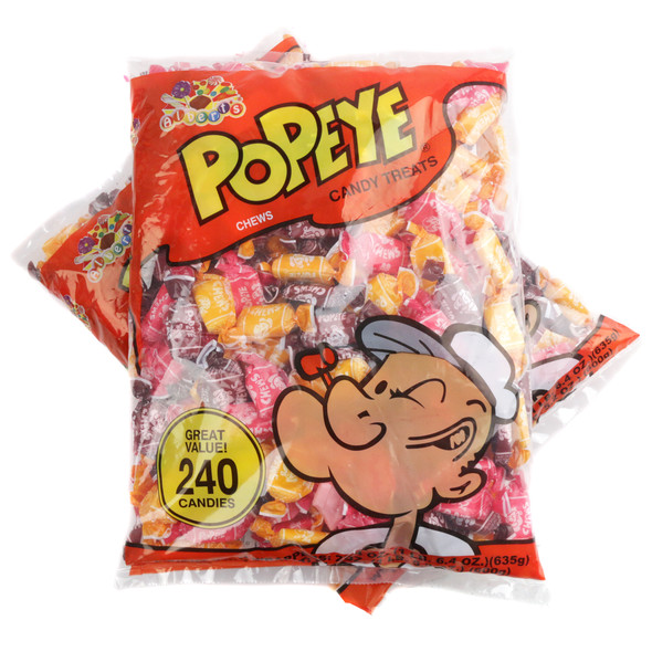 240 Albert's Popeye Fruit Chews, individually wrapped, chewy, multi-colored fruit-flavored candies.