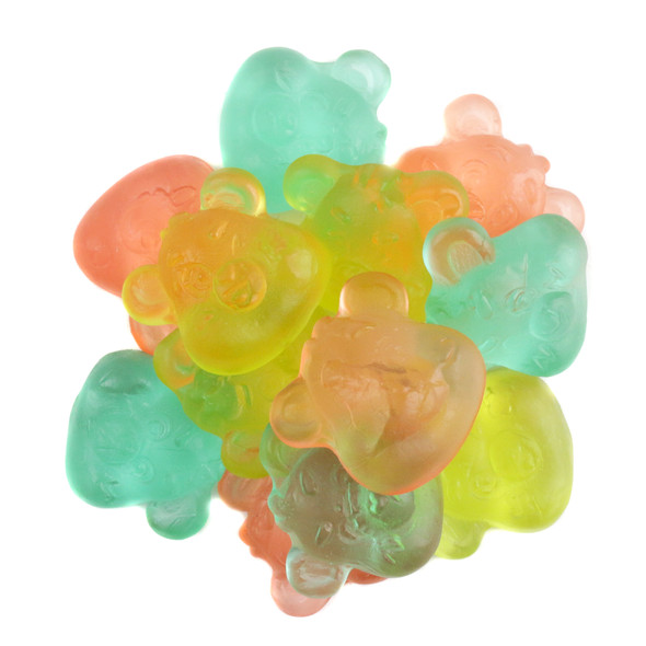 Assorted bright, colorful Care Bears Gummy Bears, soft and chewy fruit flavored candies.