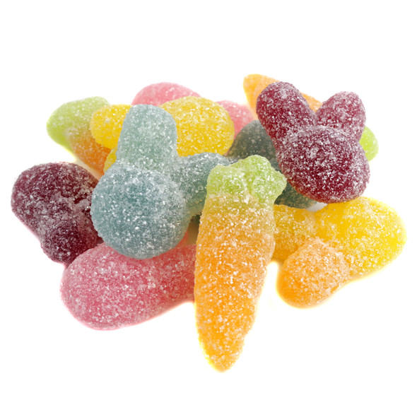 Vidal Sour Rabbits and Carrots Gummy Candy. Mix of orange carrot and colorful bunny shaped chewy gummies, 92 per pound.