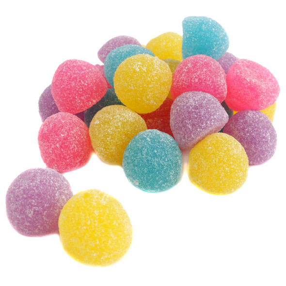 Brightly colored Easter gumdrops, red, yellow, purple, blue, with a sugar dusting. Soft, chewy, fruity flavored candy.