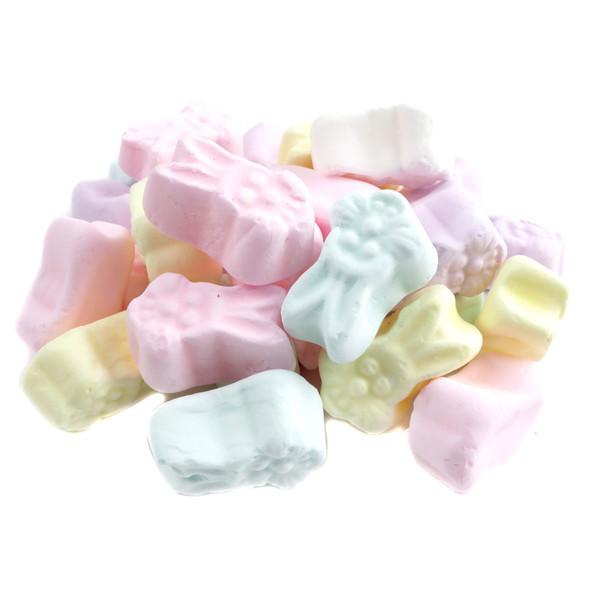 Soft, sweet Marshmallow Easter Bunnies in pastel purple, pink, yellow, green. Approx. 60 bunnies per pound.