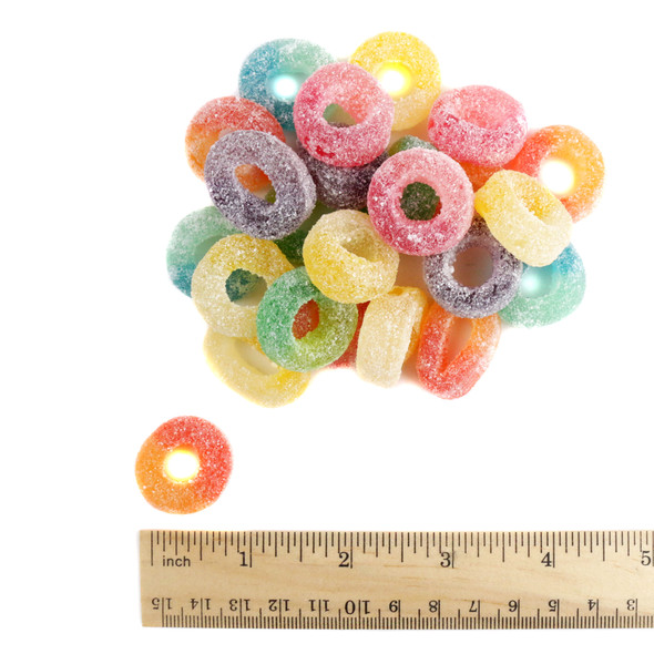 Albanese Sour Mini Puckerings, red, orange, yellow, blue, purple bite-sized gummy candies, sour sugar coated.