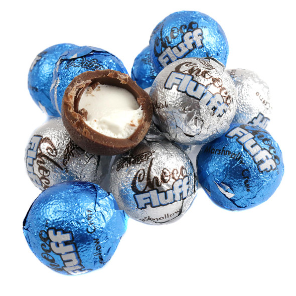 Brown chocolate-covered Palmer Chocofluff Marshmallow Balls, fluffy white centers, bite-sized, approx. 48 per pound.