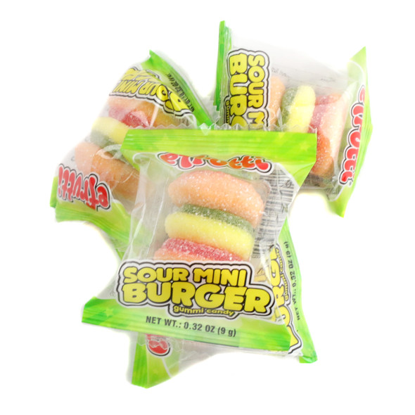 Efrutti Sour Gummy Mini Burgers 2LB bag, colorful bite-sized candies mimicking hamburgers with bun, lettuce, cheese, patty layers.