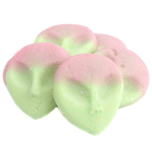 Pink and light green alien-shaped Gummy Aliens, tangy watermelon flavor, approx 53 per pound.