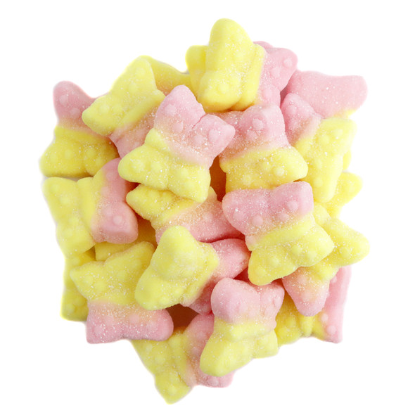 Colorful sour tutti frutti gummy butterflies, approx. 45 per pound, chewy Swedish style candy.