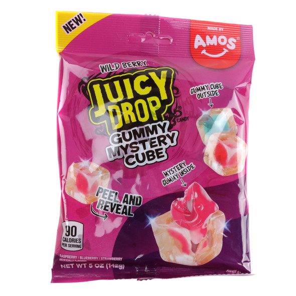 Colorful Juicy Drop Mystery Cube wild berry gummy candy, chewy purple, red, blue cubes in a 5oz bag.