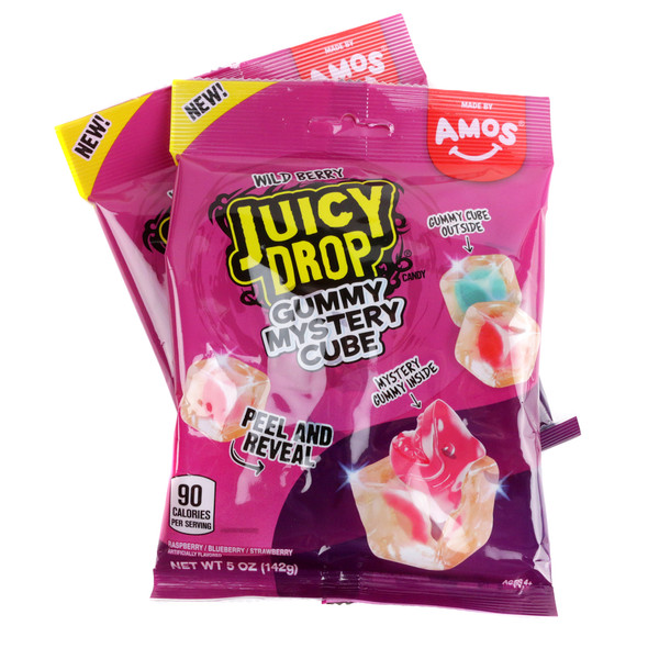 Colorful, chewy Juicy Drop Mystery Cube Wild Berry 5oz bag. Soft gummy cubes, blackberry, raspberry, blueberry flavors.