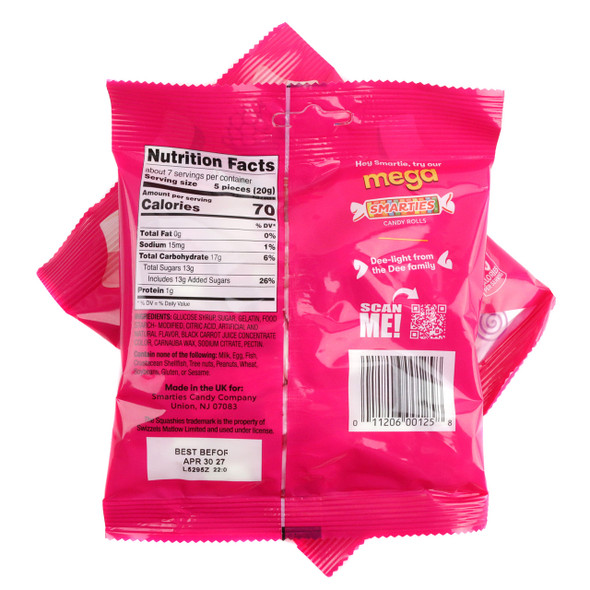 Smarties Squashies Raspberry & Cream candy, 12x 5oz bags, approx 35 dual-color pink & white soft chews per bag.