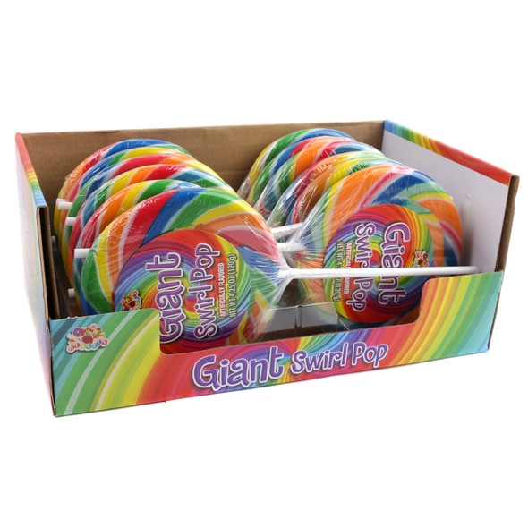 Vibrant rainbow swirl Alberts Giant Swirl Pop, 12 individually wrapped 4.25oz oversized fruity lollipops.