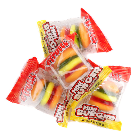 Efrutti Gummy Mini Burgers 2LB bag, 8 count. Colorful layered candy with buns, lettuce, cheese, and patties.