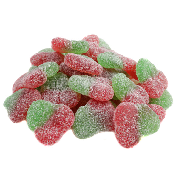 Chewy red cherry-shaped Sour Patch Kids candy, approx. 100 sour-then-sweet pieces per pound.