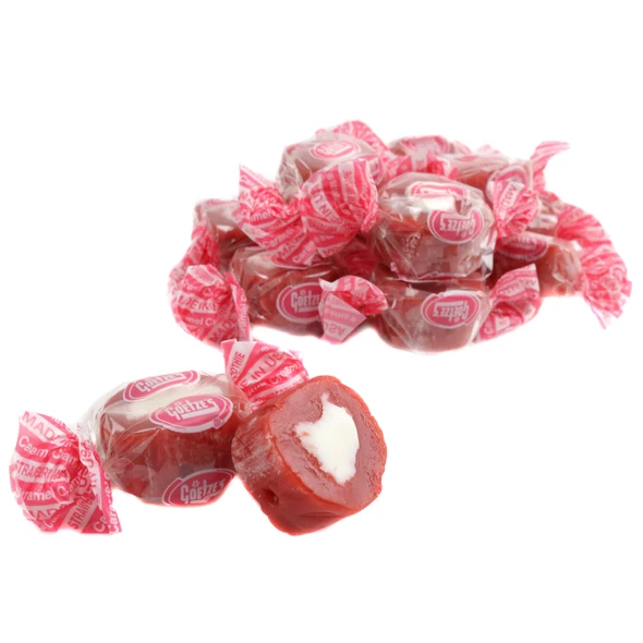 10lb case of Goetze's Strawberry Caramel Creams, pink and caramel colored, chewy Bull's-Eye candy, approx 400 pieces.