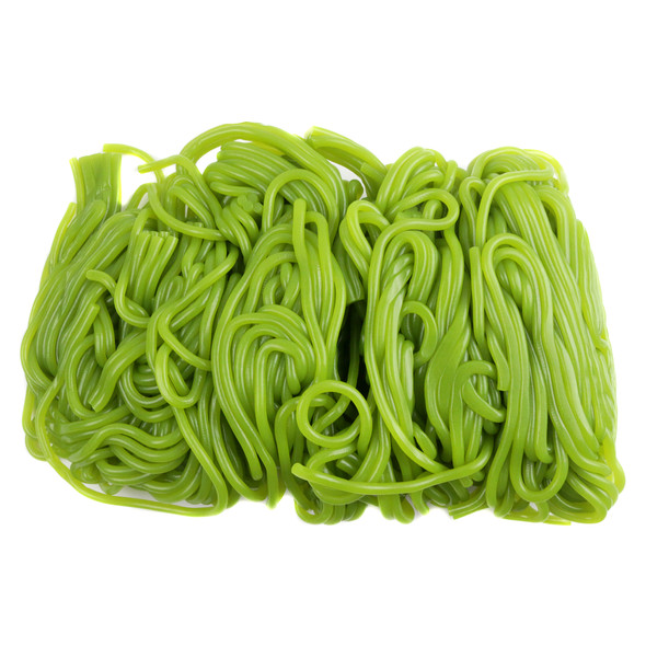 Green, stringy dill pickle shoestring licorice laces, savory and tangy, in a 2 pound bag.