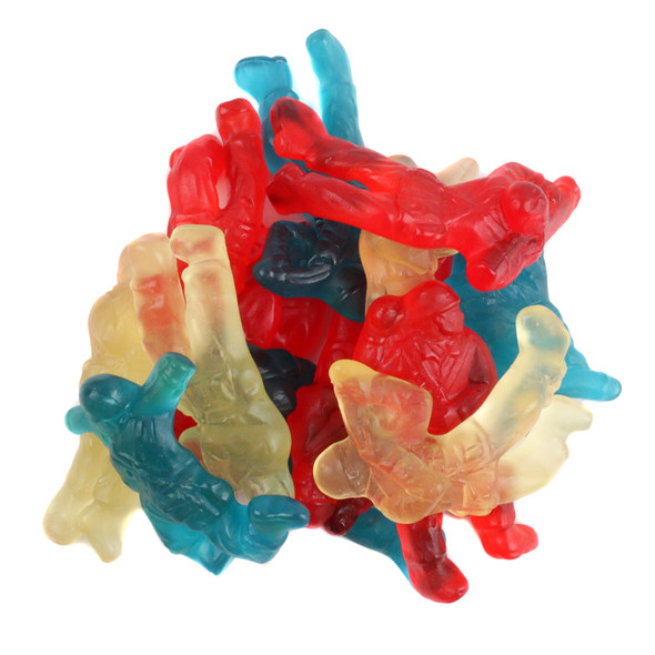 Albanese Military Hero Gummies. Red cherry, blue raspberry, yellow pineapple gummies, approximately 40 per pound.