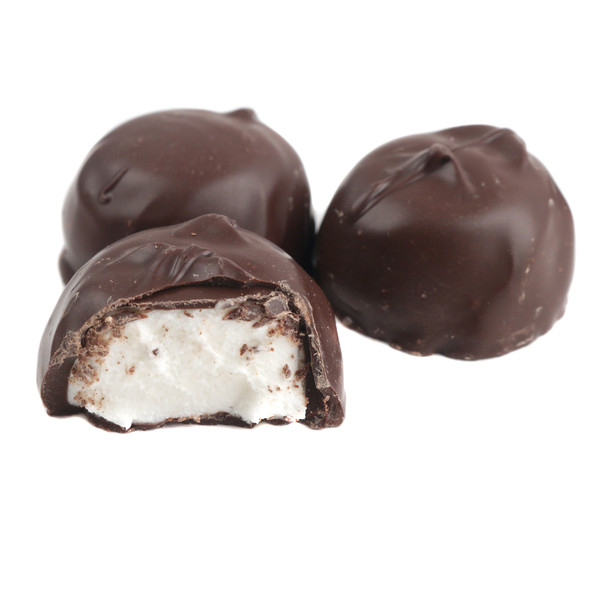 Asher's sugar free dark chocolate covered vanilla marshmallows, approx 28 pieces, rich brown chocolate, white fluffy marshmallow.