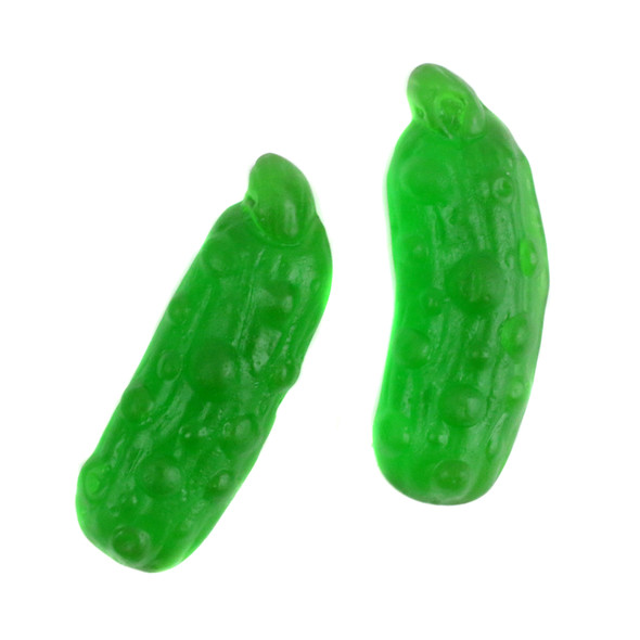 Deep green, oversized gummy pickles, 2 inches long, with sweet and tangy dill flavor. Approximately 64 per pound.