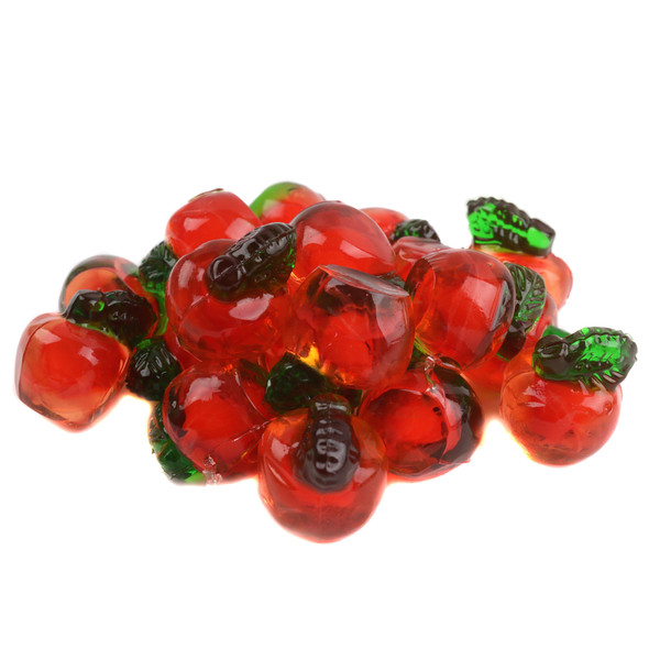 3D Gummy Red Apples, vibrant red, green leaves, juicy apple flavor, soft center, approx 110 pieces per pound.