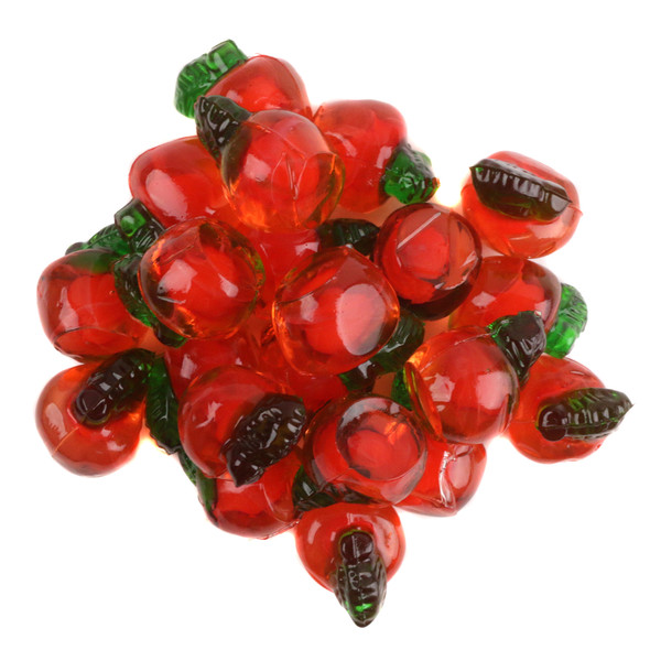 Vibrant red 3D Gummy Apples with a green leaf, juicy sweet red apple flavor, 110 pieces per pound.