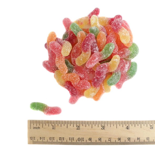 Natural Sour Mini Gummy Worms, approx 200 per lb, vibrant red, yellow, orange, green colors from fruit, naturally flavored.