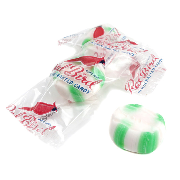 image of red bird wintergreen puffs wrapped mint candy green