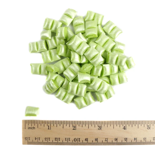 Light Green Peppermint Maiden Kisses, pastel pillow-shaped mint drops. Refreshing, crisp peppermint, approx 450 per pound.