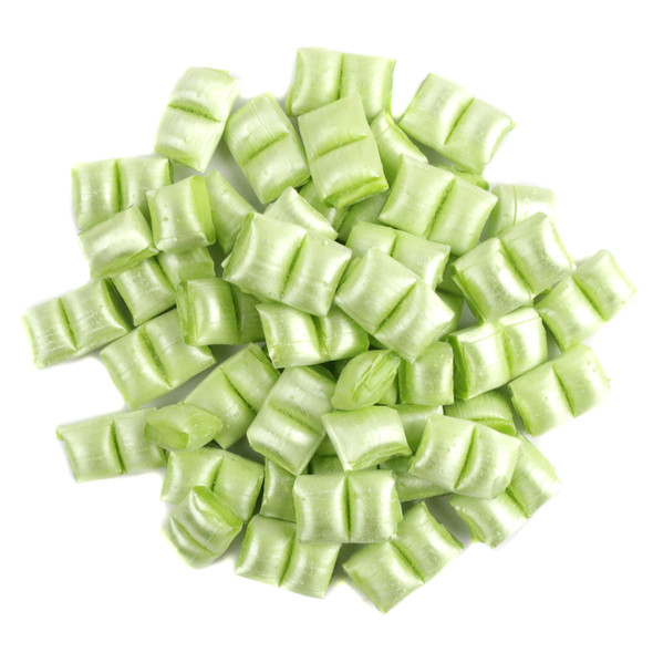 Light green peppermint Maiden Kisses, pastel pillow-shaped mints. Approx 450 candies per pound.