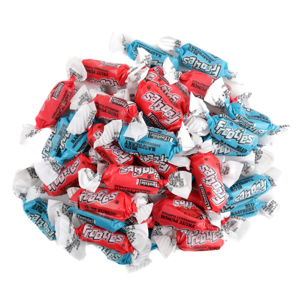 Red and blue Frooties mix, individually wrapped, chewy candies with fruit punch and blue raspberry flavors, approx 140 per pound.