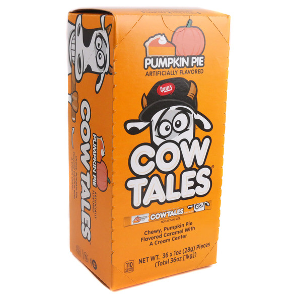 Goetze's Limited Edition Pumpkin Pie Cow Tales 36-piece countertop retail display box filled with individually wrapped autumn caramel sticks