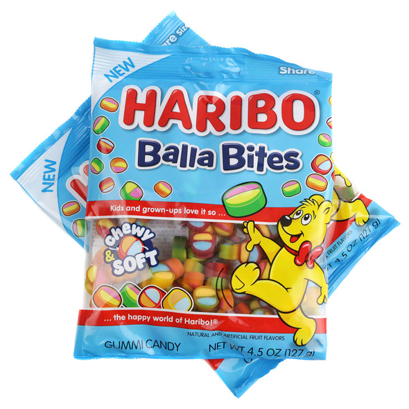 A 4.5-ounce peg bag of Haribo Balla Bites candy featuring colorful bite-sized gummies with soft centers on blue packaging