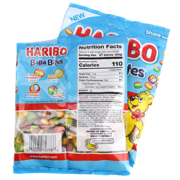 The back of a 4.5-ounce Haribo Balla Bites bag showing the nutrition facts label, ingredient list, and allergen information