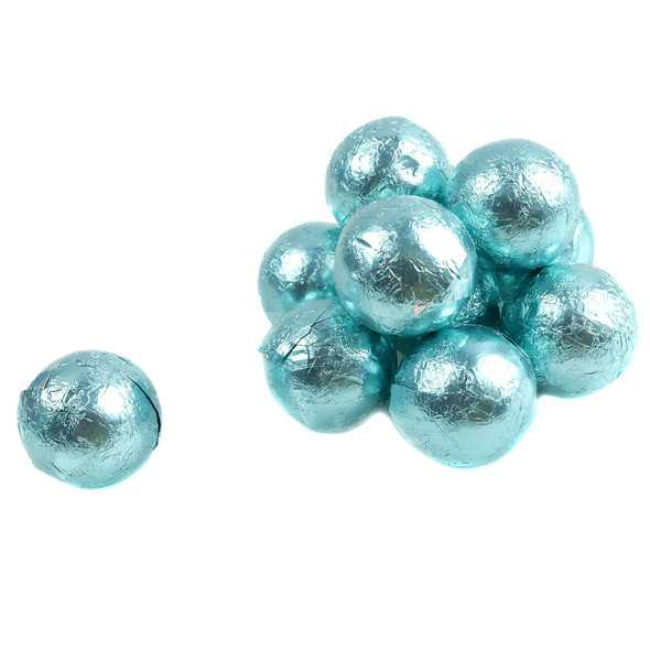 A single round milk chocolate candy tightly wrapped in vibrant robin's egg blue foil resting on a white background