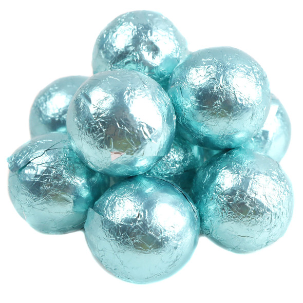 A bulk pile of spherical milk chocolate candies individually wrapped in shiny robin's egg blue metallic foil