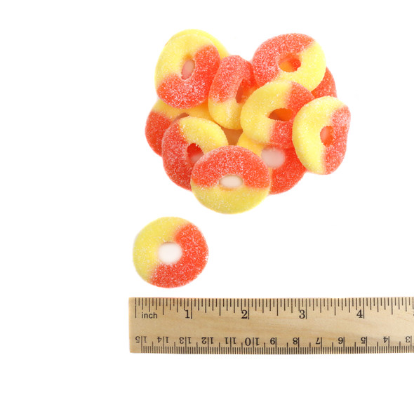 Orange, yellow gummy Peach Rings, soft, sour sugar-coated Albanese peach candy. Approx. 60 per pound, Made in USA.