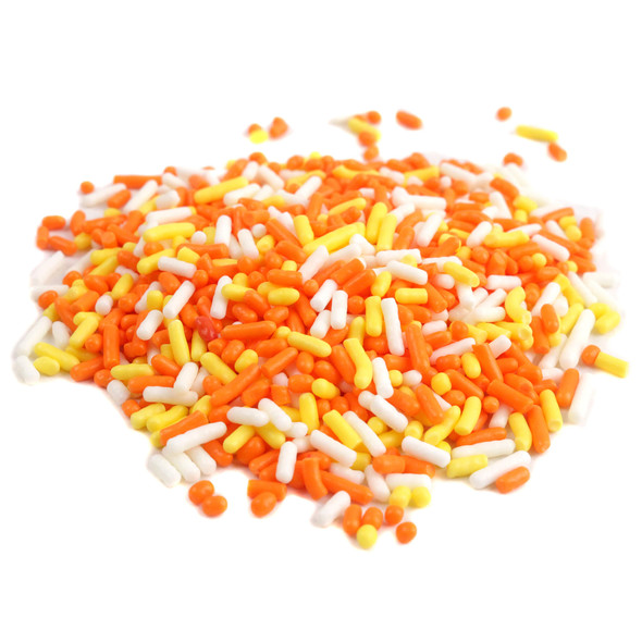 A bulk arrangement of vibrant yellow, bright orange, and white sprinkle beads mixed together