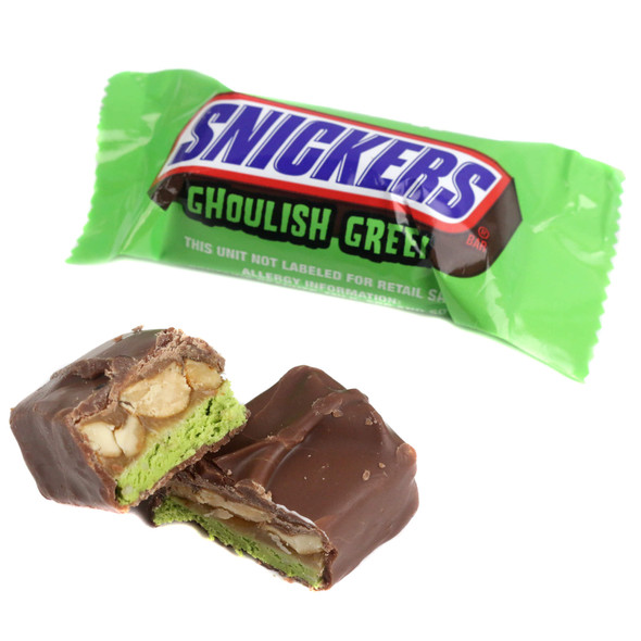 Fun Size Snickers Ghoulish Green chocolate bar with a seasonal green wrapper.