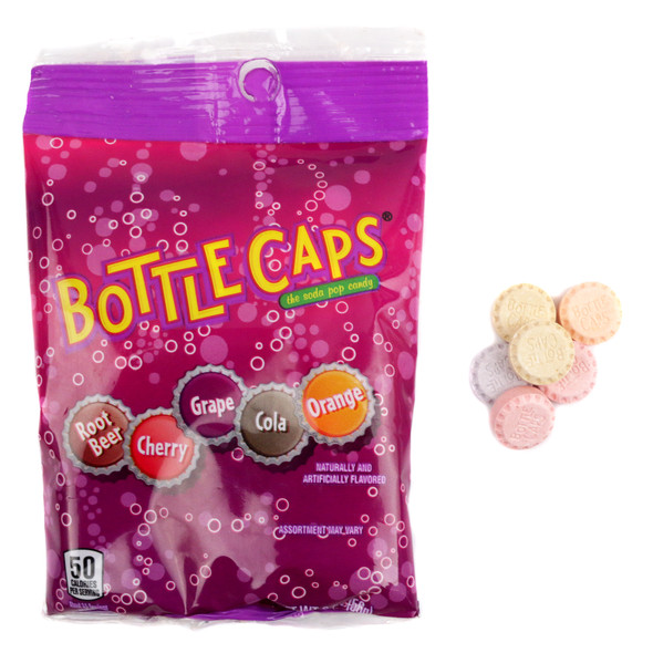 Retro Bottle Caps in 2oz Pocket Pack bag, multi-flavored candy, cola, cherry, grape, root beer, orange.