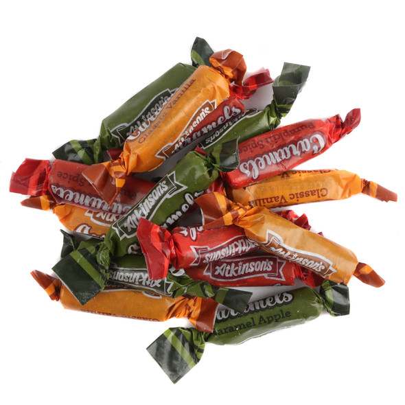 Individually wrapped Atkinson's fall caramels in a pile.