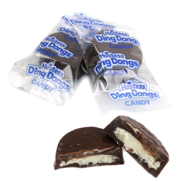 Close-up of bite-sized Palmer Hostess Mini Ding Dongs chocolate candy split open showing creamy center