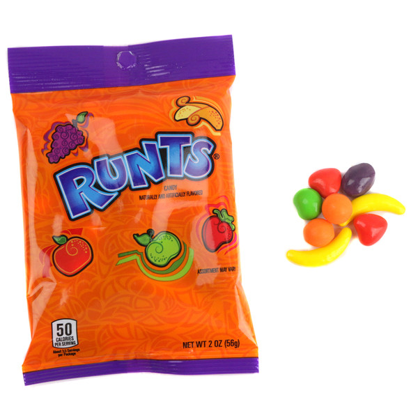 Portable 2oz bag of Runts fruit-shaped hard candy for snacking, concessions, and party favors.
