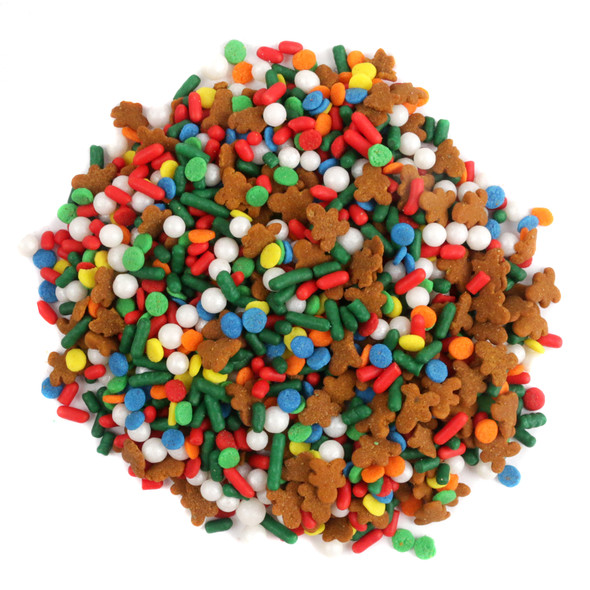 Holiday sprinkle mix featuring gingerbread men, red and green jimmies, and white sugar pearls