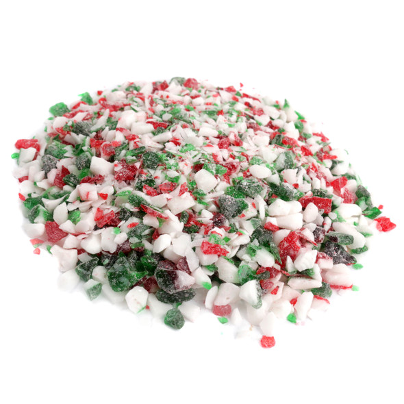 Crushed red, white, and green candy cane pieces for holiday baking and dessert toppings.