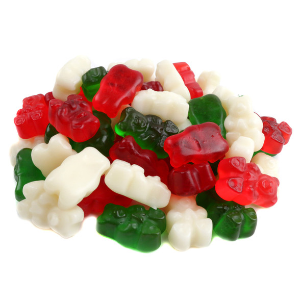 Albanese Christmas Gummy Bears, 1 lb, approx 120 red, white, green gummy bears, Cherry, Strawberry Banana, Apple flavors.
