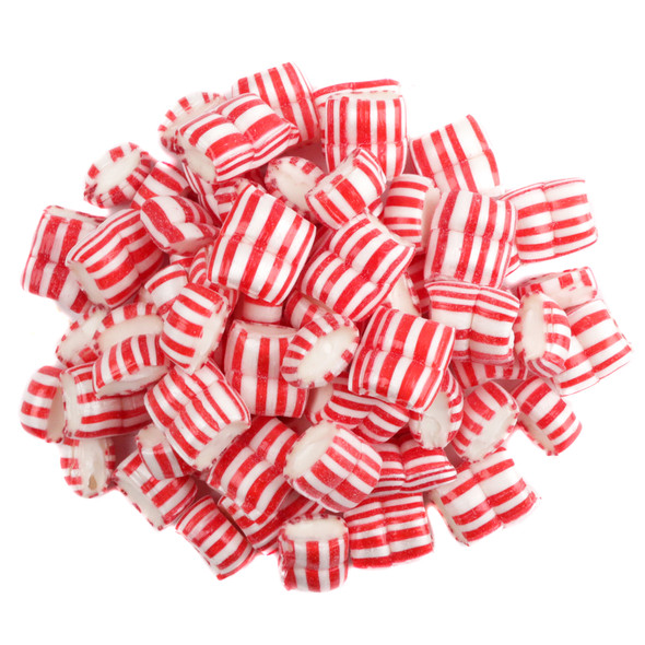 Red and White Peppermint Maiden Kisses, red and white, bite-sized hard candy. Approx 450 pieces per pound.