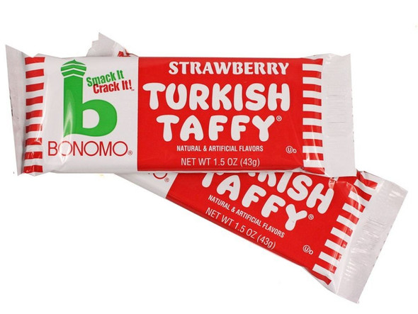 Bonomo Turkish Taffy, 24 sweet strawberry pink candy bars, individually wrapped retro taffy.