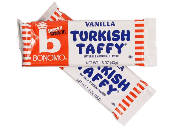 Bonomo Turkish Taffy Vanilla, 24 creamy light-colored thin taffy bars.