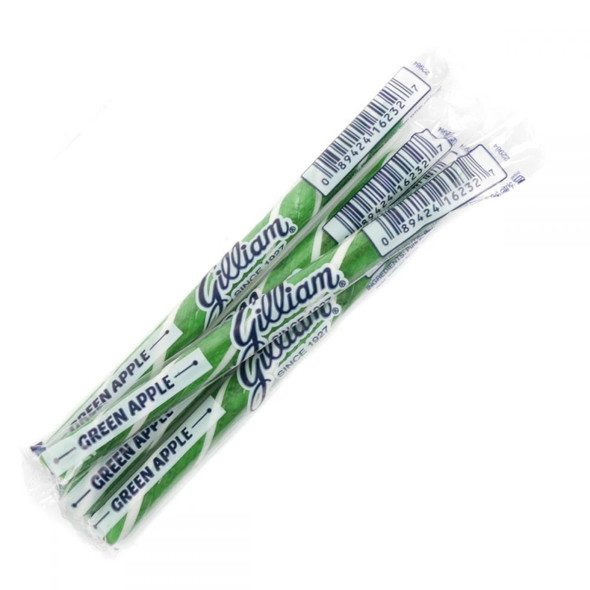 80 Gilliam Old Fashioned hard candy sticks, individually wrapped. Bright green, beautifully striped sour apple flavor.