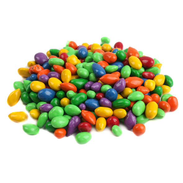 Kimmie Candy Sunbursts, rainbow chocolate covered sunflower seeds, sweet, salty, crunchy candy.
