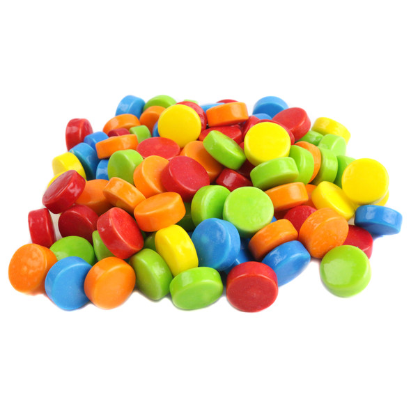 Pucker Ups Sour Candy, vibrant rainbow colors, small pressed candies, perfect for vending machines.