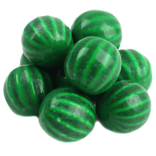 Dubble Bubble Watermelon Gumballs, green striped, 1'' diameter, approximately 52 per pound.